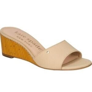 Kate Spade Meena Wedge Sandal Warm Stone Canvas Bamboo Heel Slide Neutral Size 8